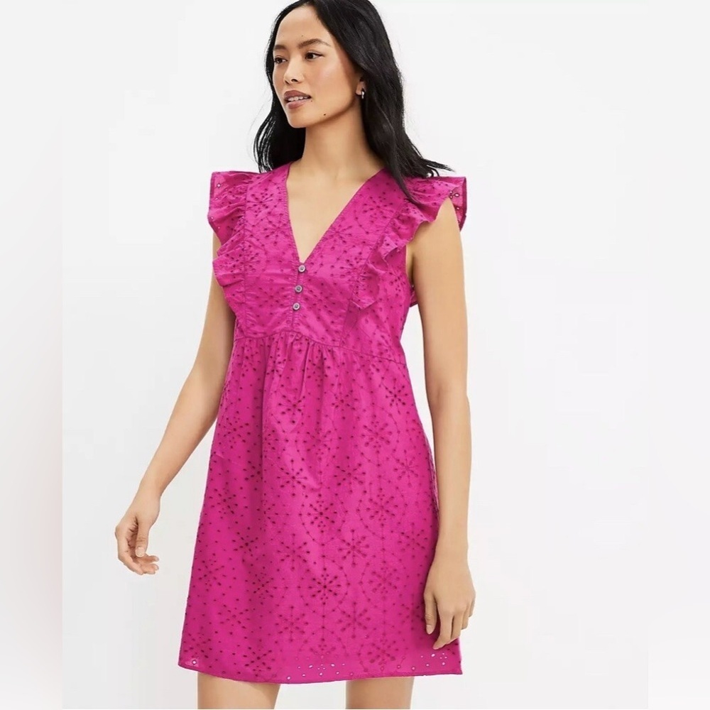 LOFT | Eyelet Flutter Sleeve Dress Magenta Pink Purple Mini Women's Size XS